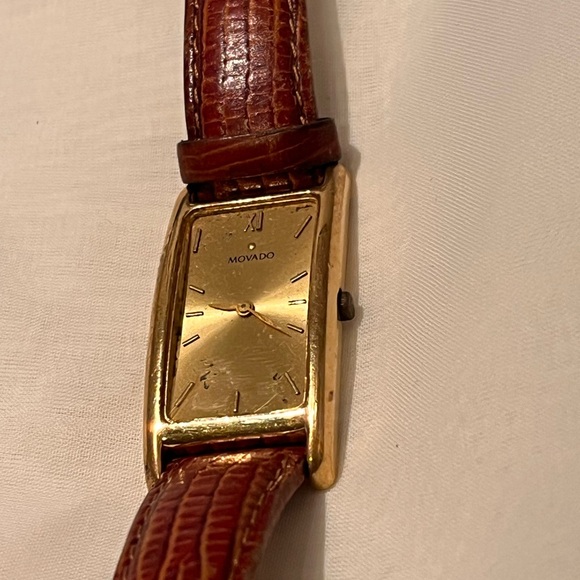 Vintage Movado Gold Dot Tank Watch Curved Mineral Crystal